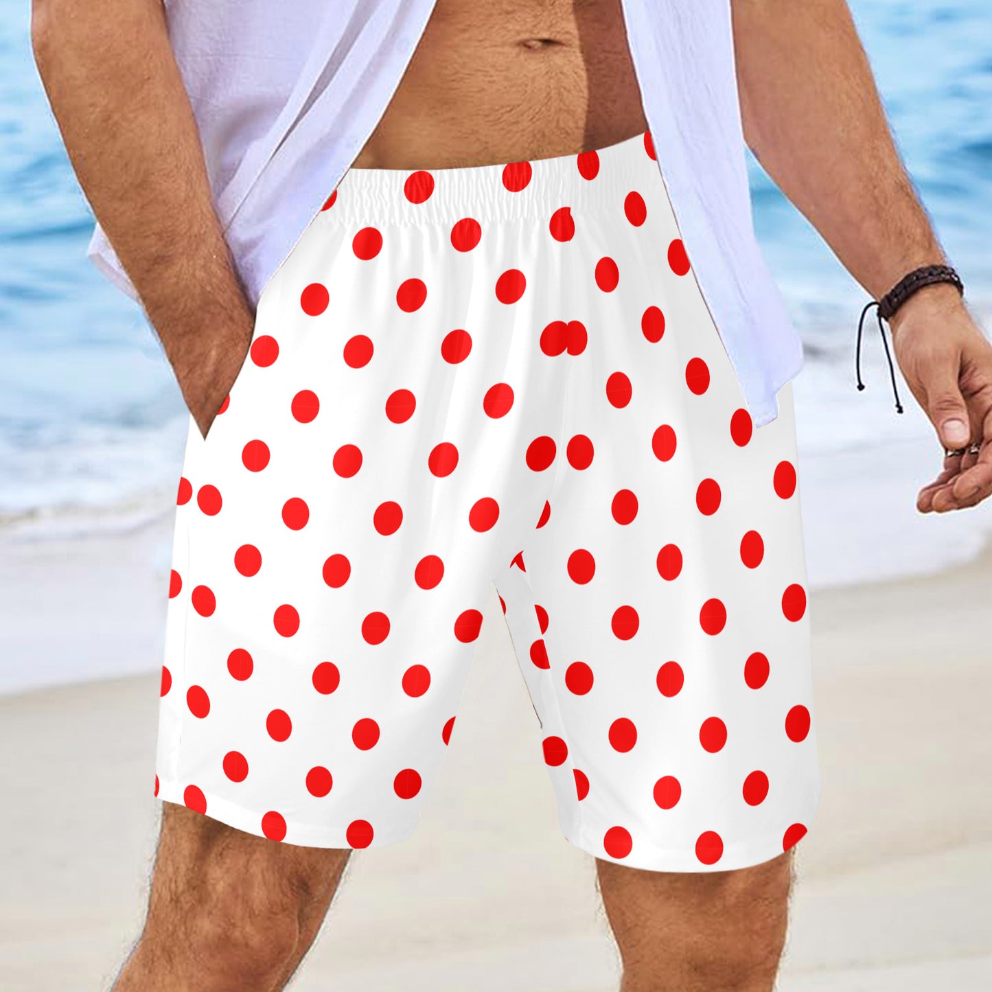 White With Red Polka Dots Men's Swim Trunks Swimsuit