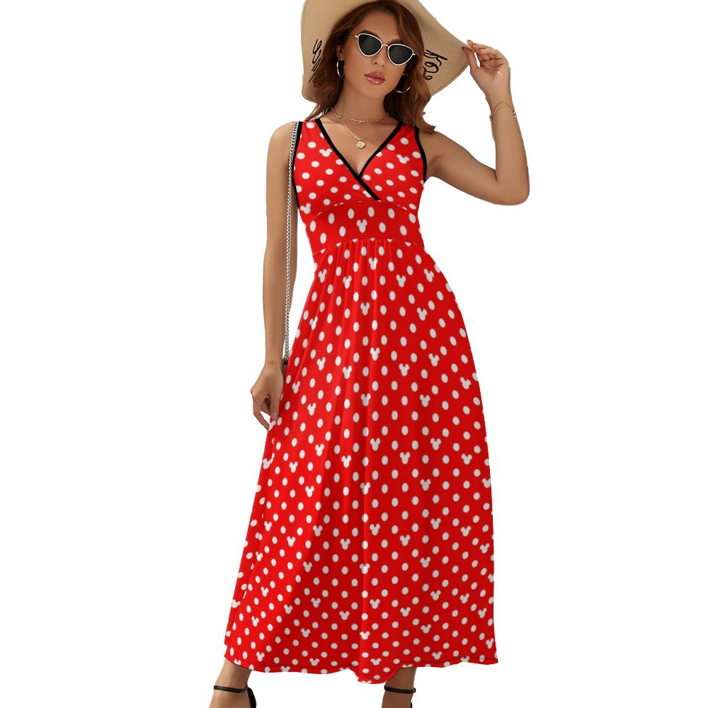 Red With White Mickey Polka Dots Women's Long Sleeveless Dress