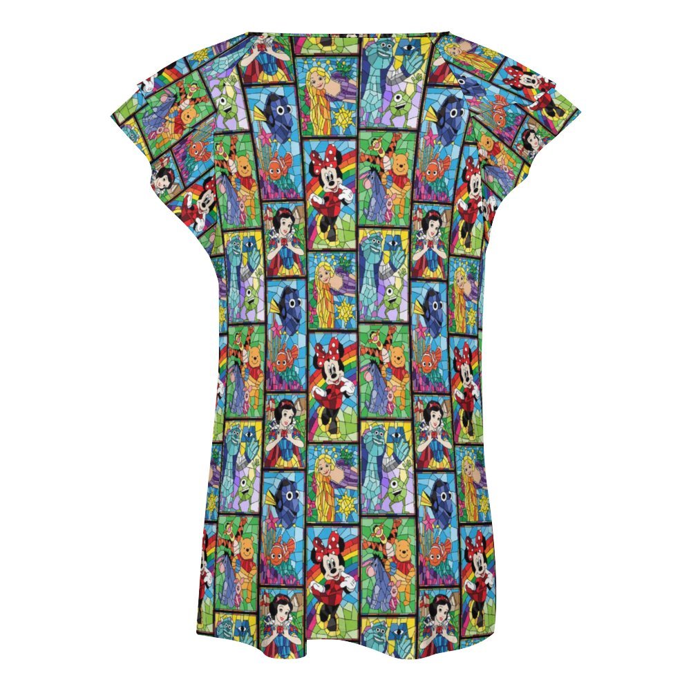 Stained Glass Characters Women's Ruffle Sleeve V-Neck T-Shirt