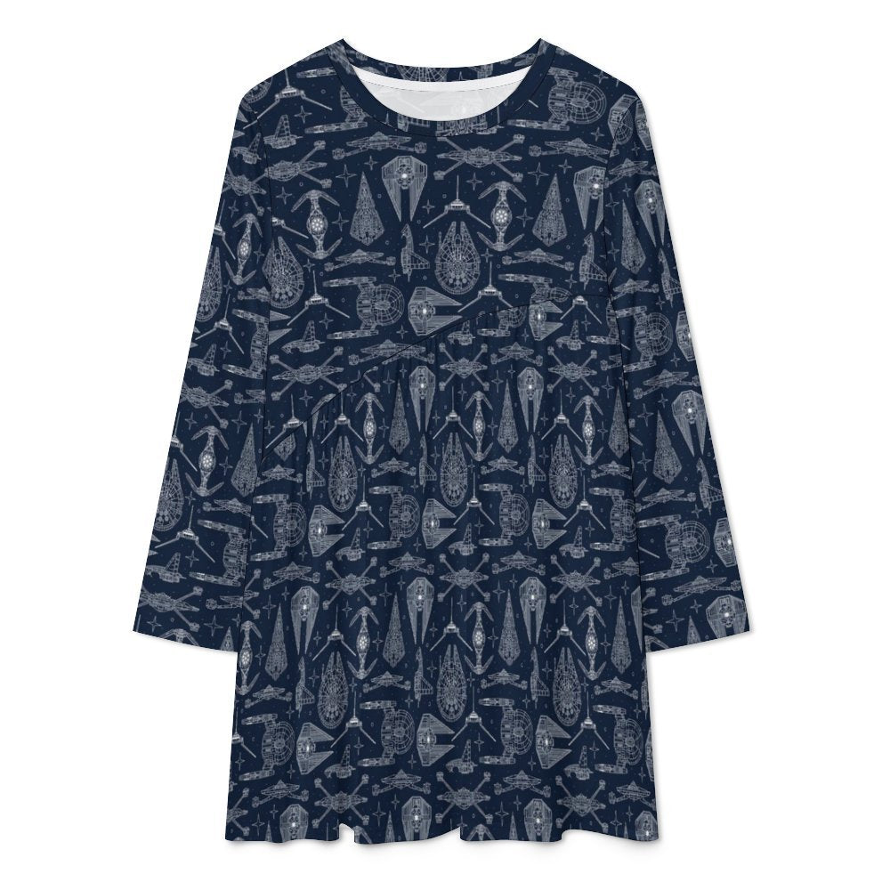 Galactic Blue Prints Long Sleeve Patchwork T-shirt Dress