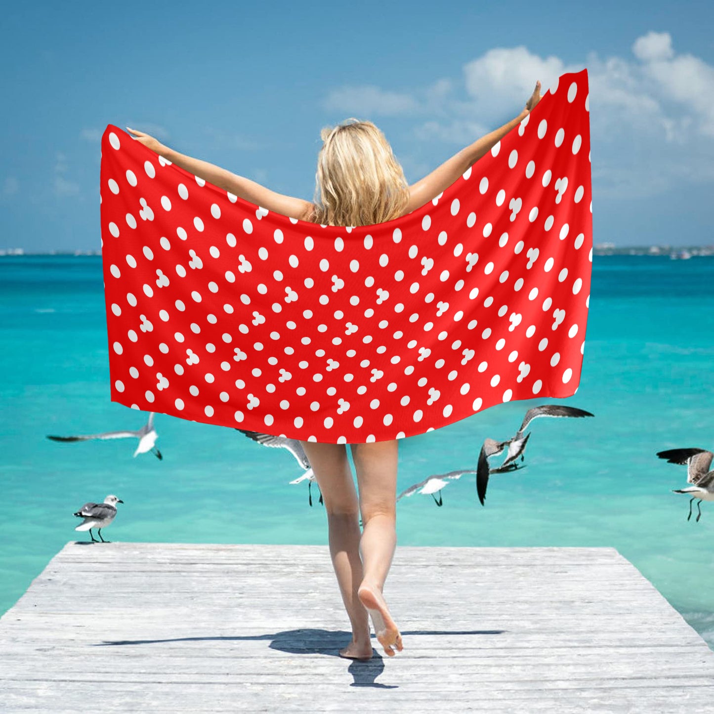 Red With White Mickey Poalk Dots Beach Towel