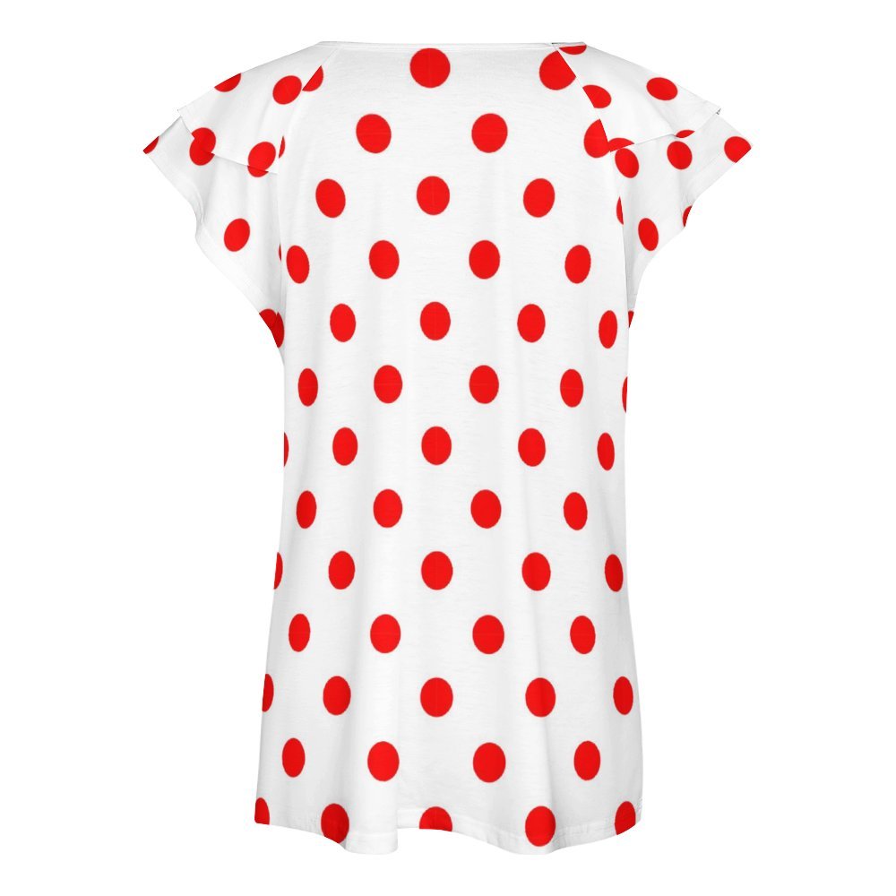 White With Red Polka Dots Women's Ruffle Sleeve V-Neck T-Shirt