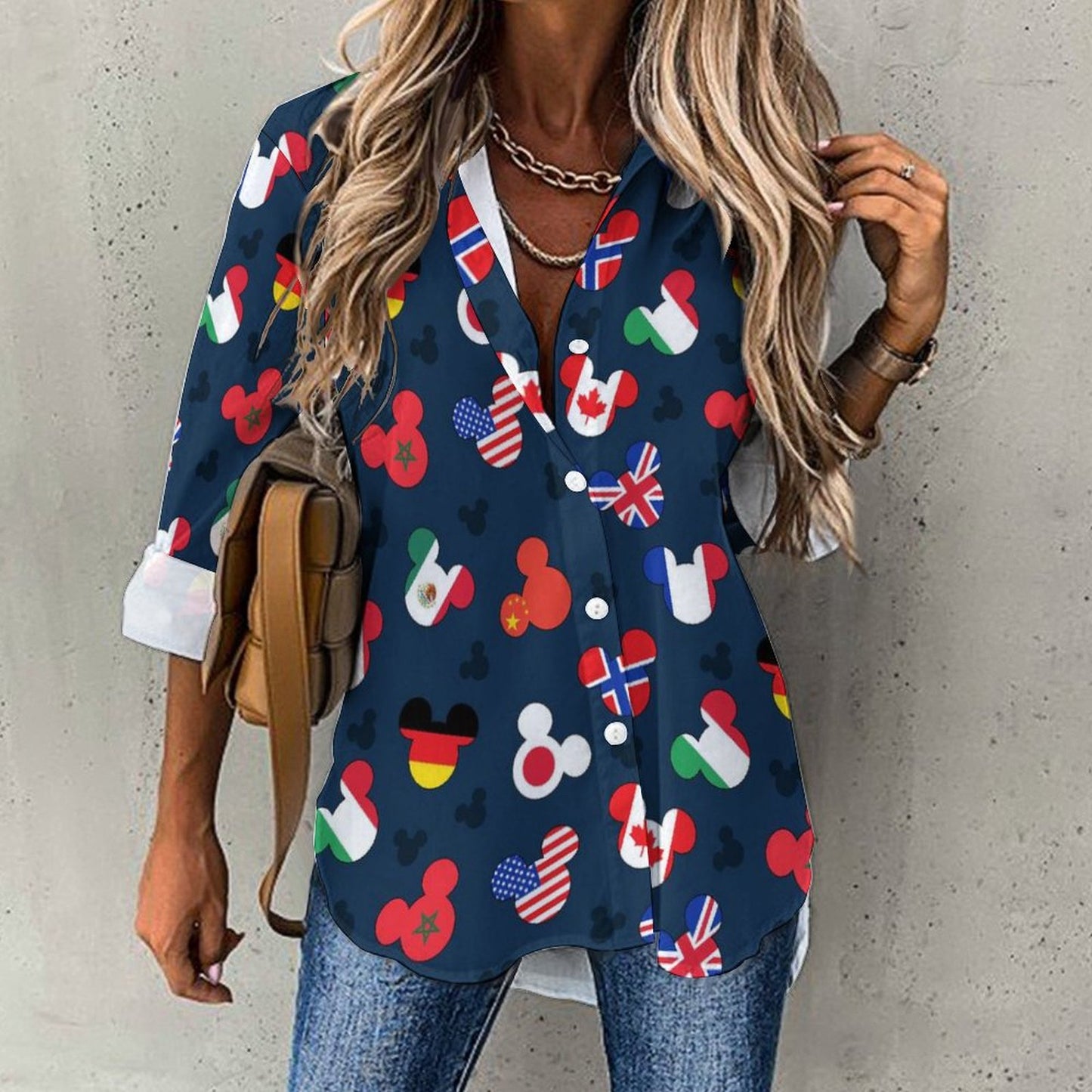 Mickey Flags Long Sleeve Button Up Blouse