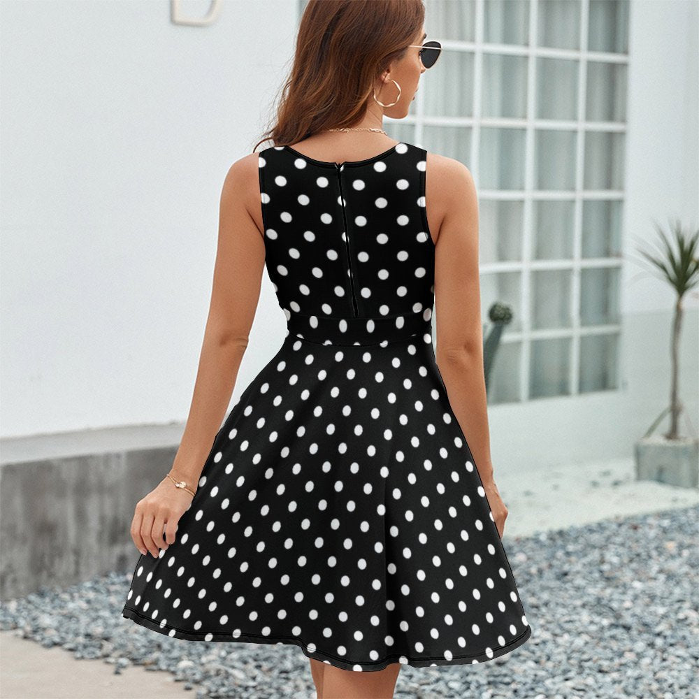 Black With White Polka Dots V-Neck Sleeveless Dress