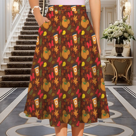 Fall Pumpkins Elastic Waist Midi Skirt With Pockets