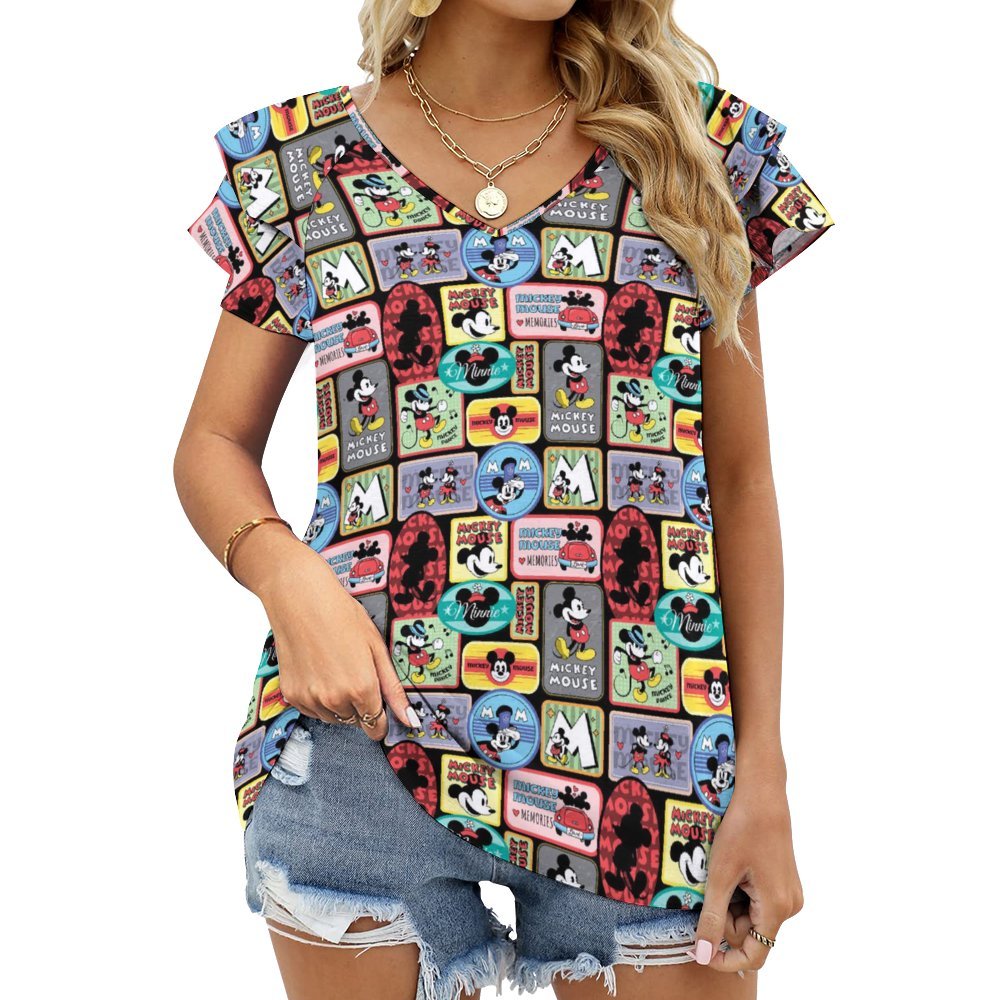 Mickey Stickers Women's Ruffle Sleeve V-Neck T-Shirt