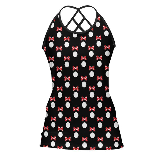 Polka Dot With Red Bow Women's Criss-Cross Open Back Tank Top