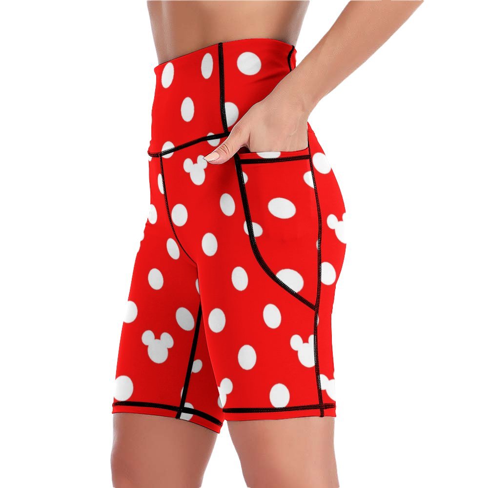 Red With White Mickey Polka Dots Women's Knee Length Athletic Yoga Shorts With Pockets