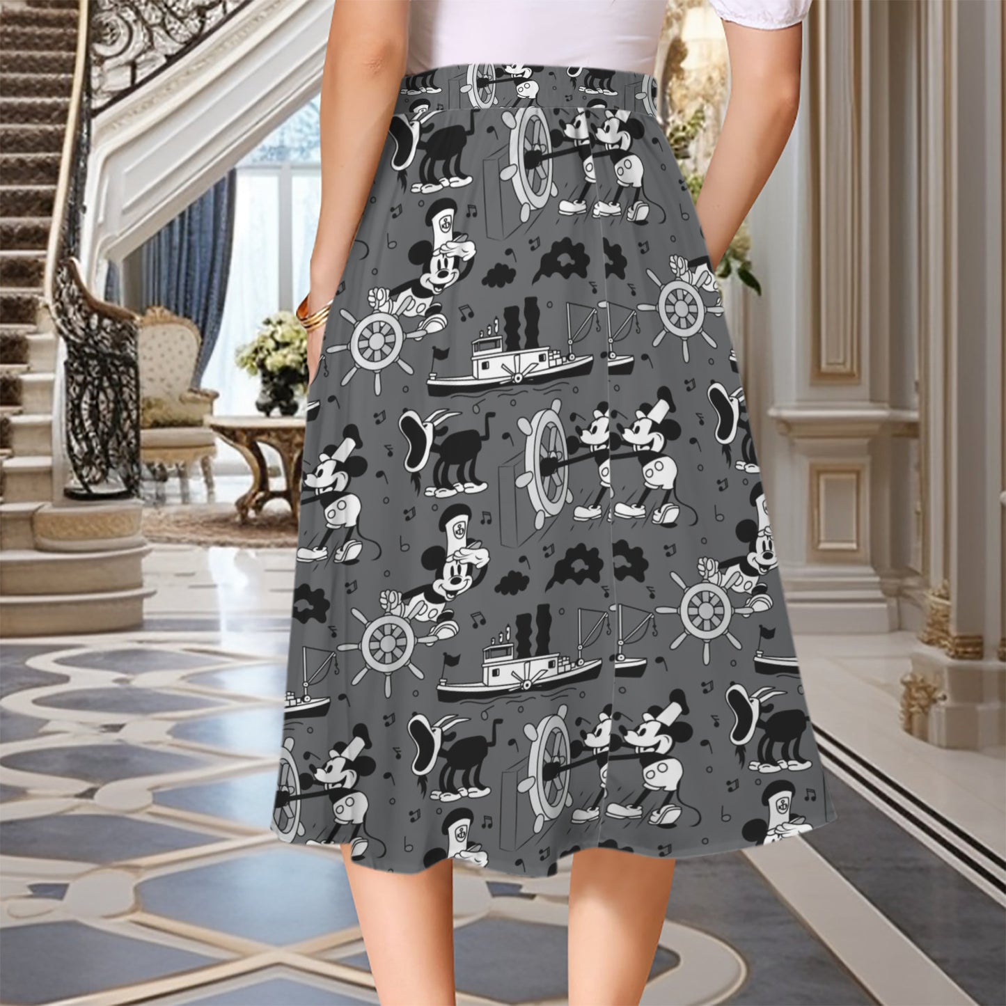 Steamboat Mickey Elastic Waist Midi Skirt With Pockets
