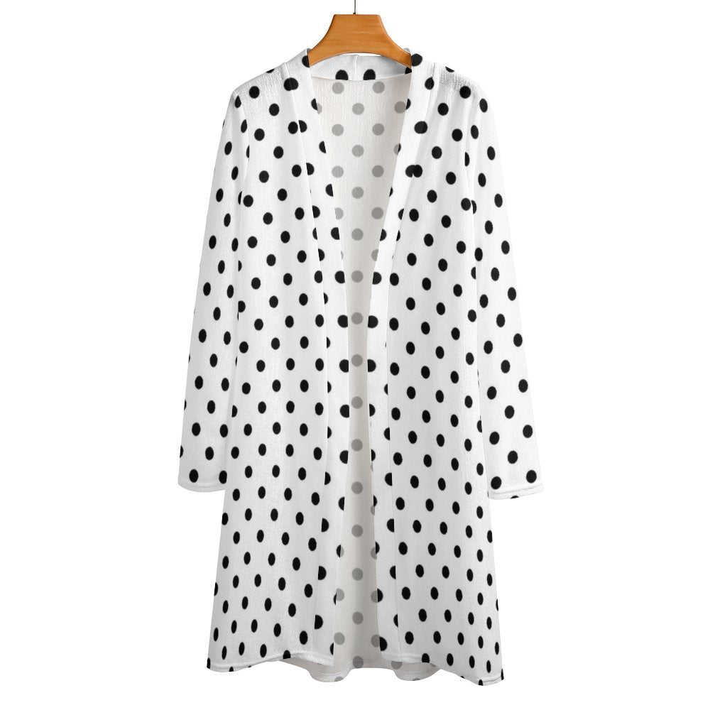 White With Black Polka Dots Women's Mid-Length Cardigan