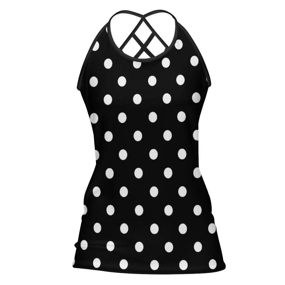 Black With White Polka Dots Women's Criss-Cross Open Back Tank Top