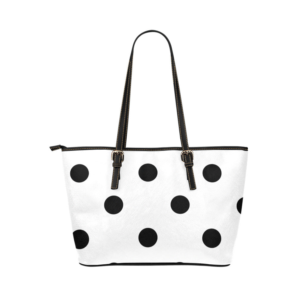 White With Black Polka Dots Leather Tote Bag