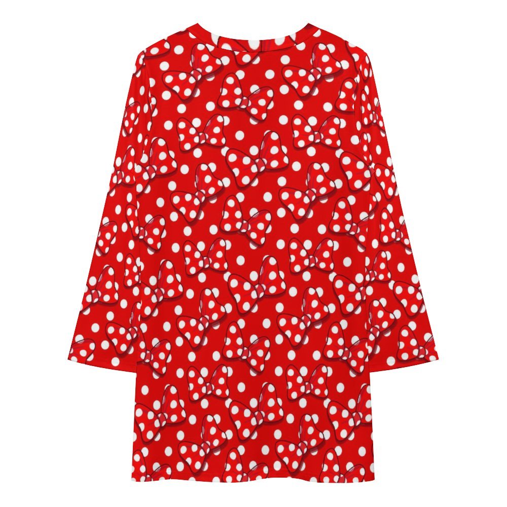 Red With White Polka Dot And Bows Long Sleeve Patchwork T-shirt Dress