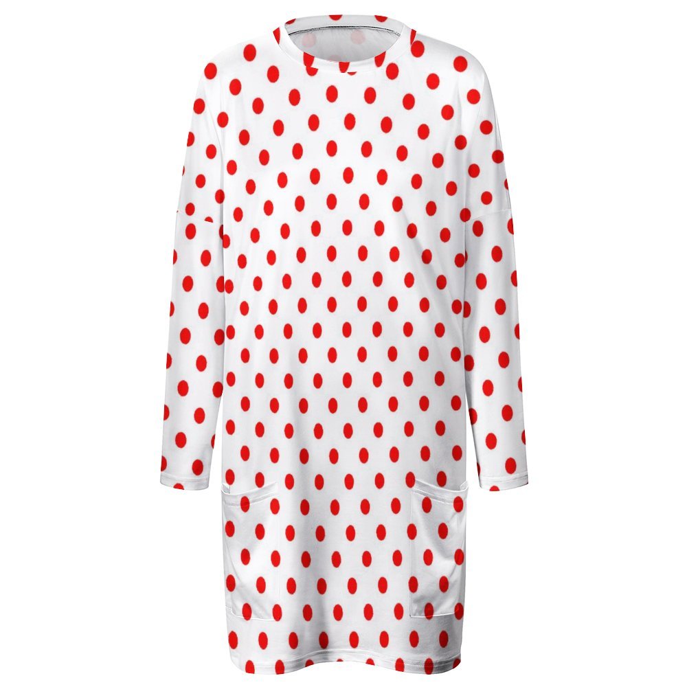 White With Red Polka Dots Women's Long Fit Sweatshirt With Pockets