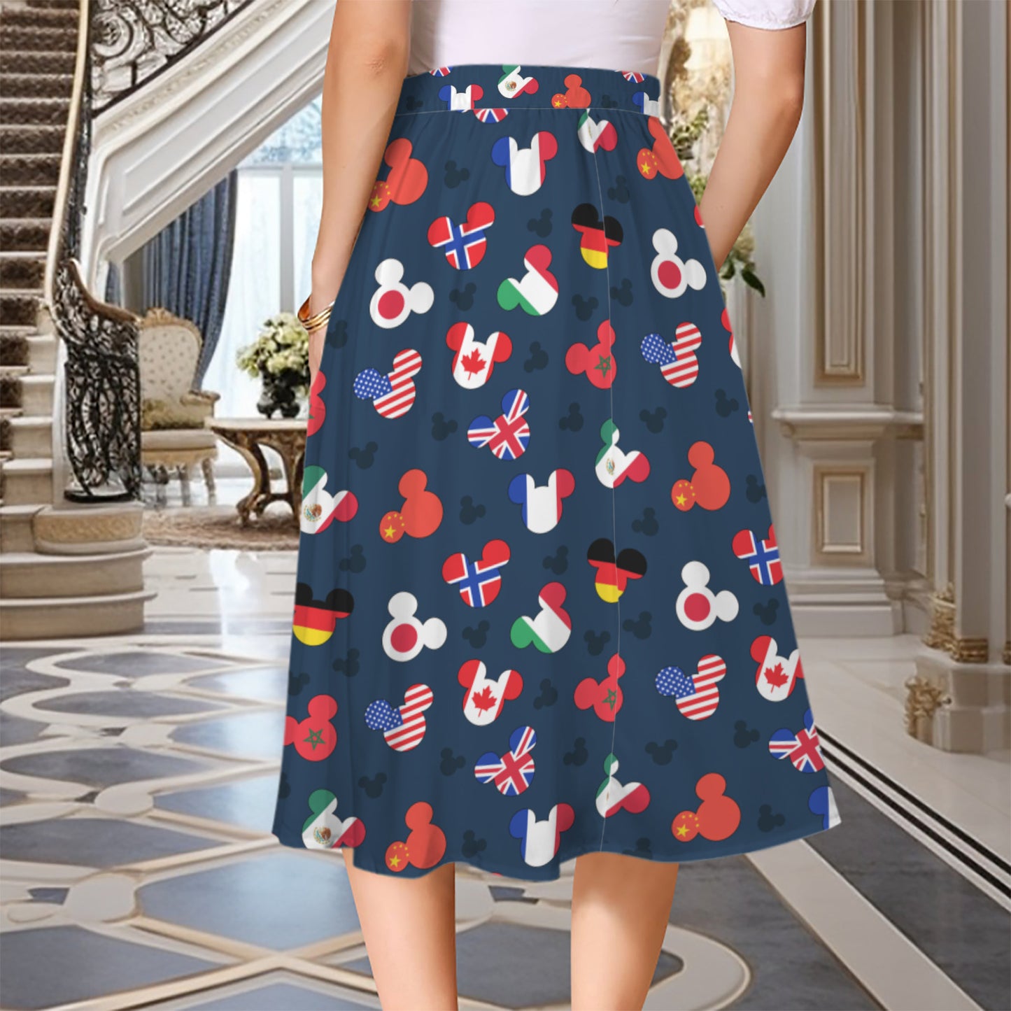 Mickey Flags Elastic Waist Midi Skirt With Pockets