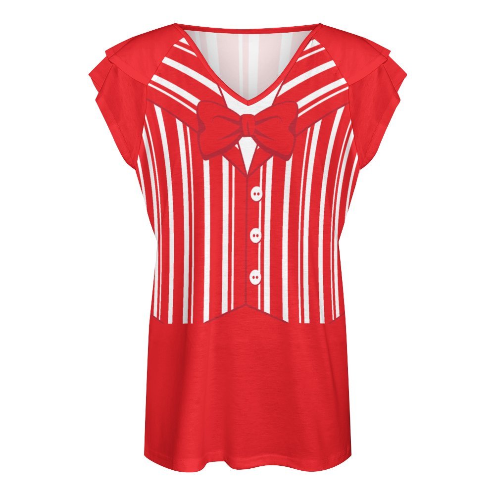 Dapper Dan Red Women's Ruffle Sleeve V-Neck T-Shirt