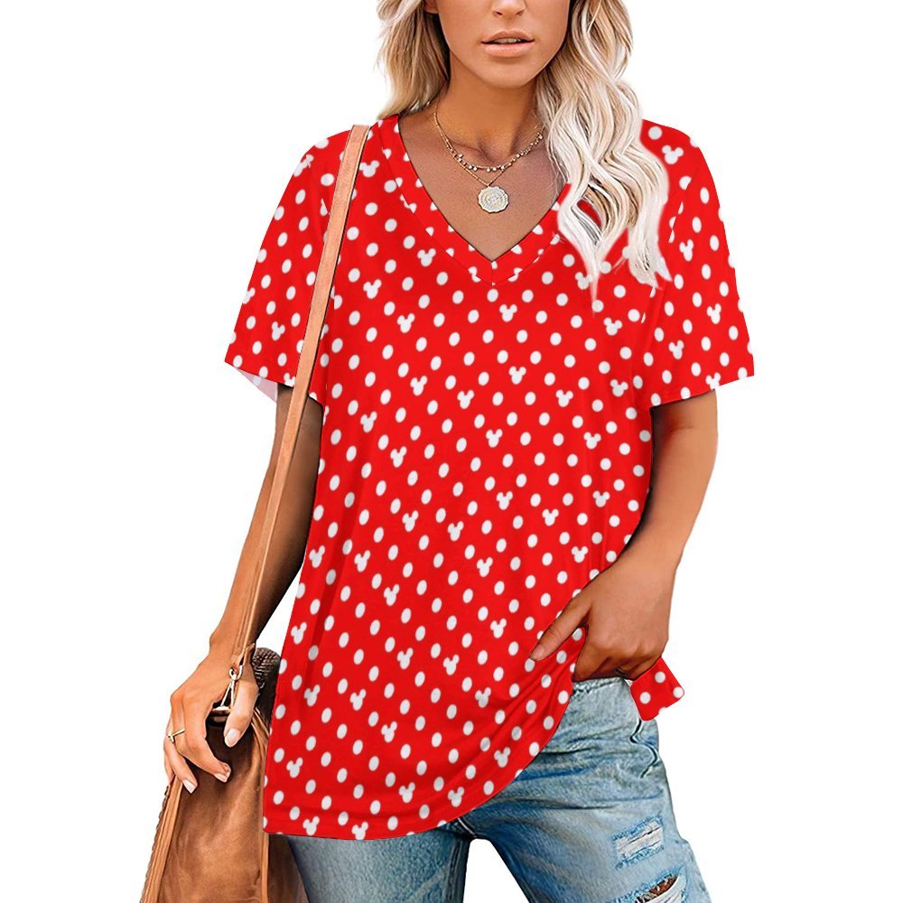 Red With White Mickey Polka Dots Women's V-Neck T-Shirt