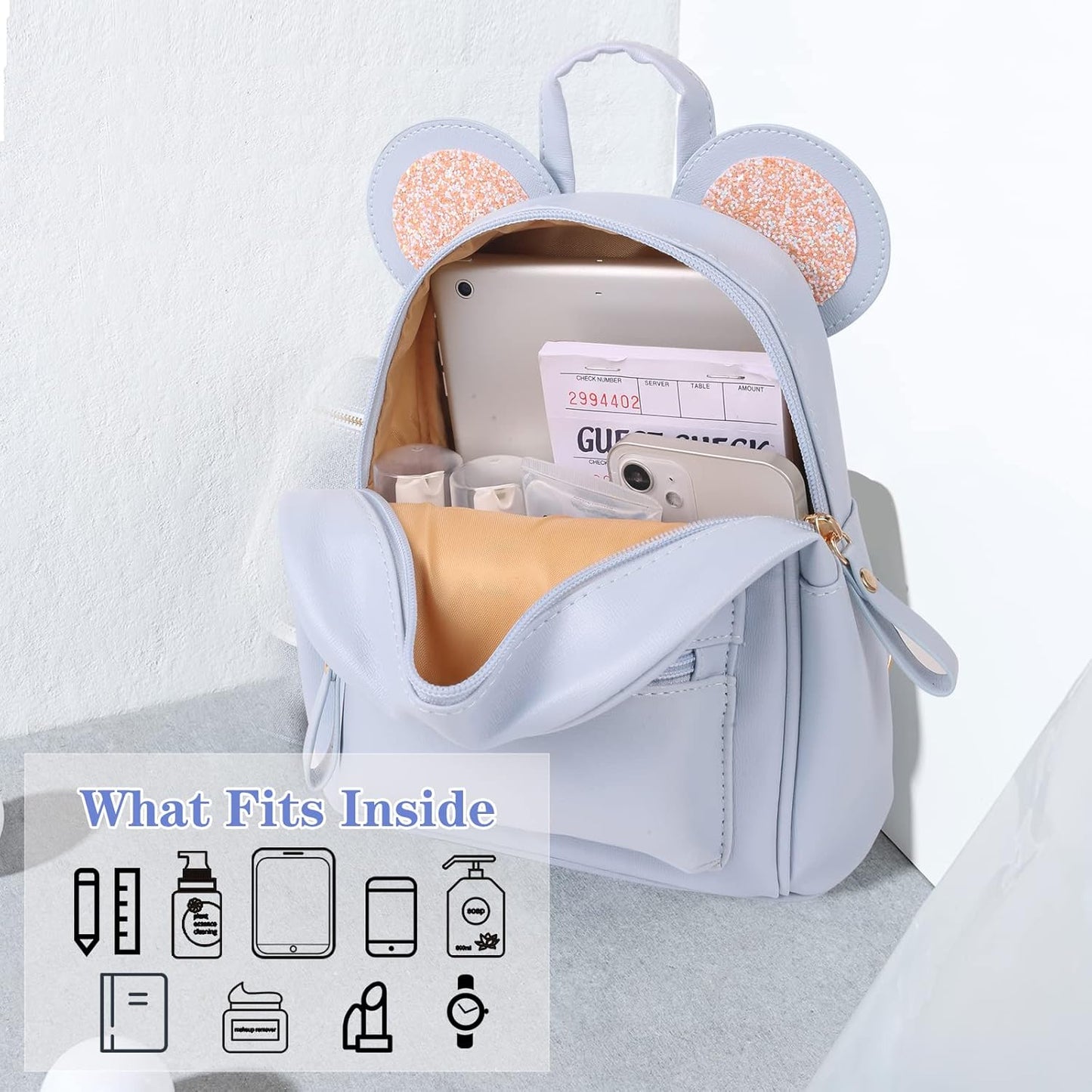 Blaue Mini Leather Backpack Sequin bow Mouse Ears