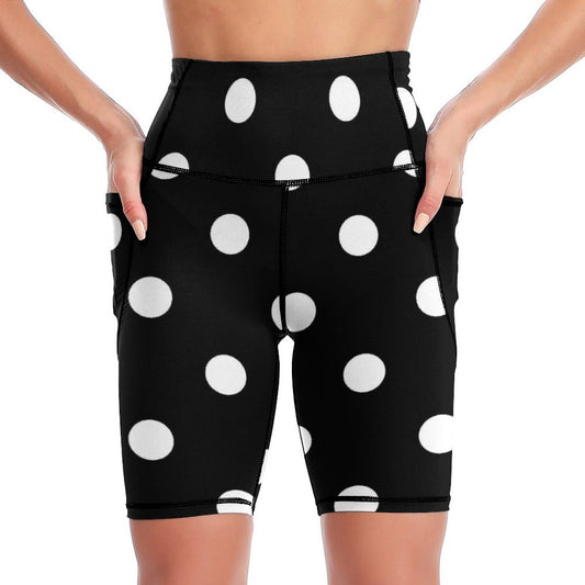 Black With White Polka Dots Women's Knee Length Athletic Yoga Shorts With Pockets