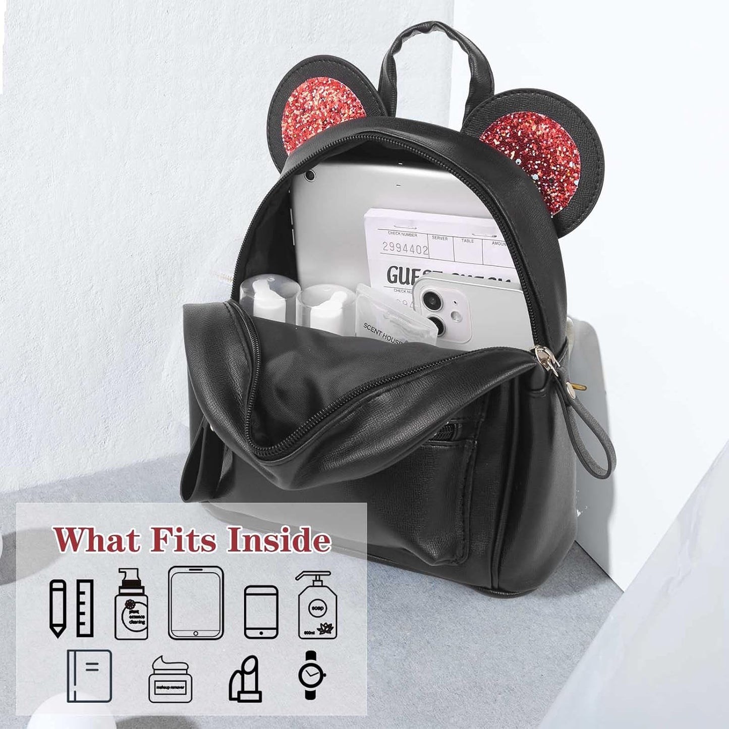 Black Mini Leather Backpack Sequin bow Mouse Ears