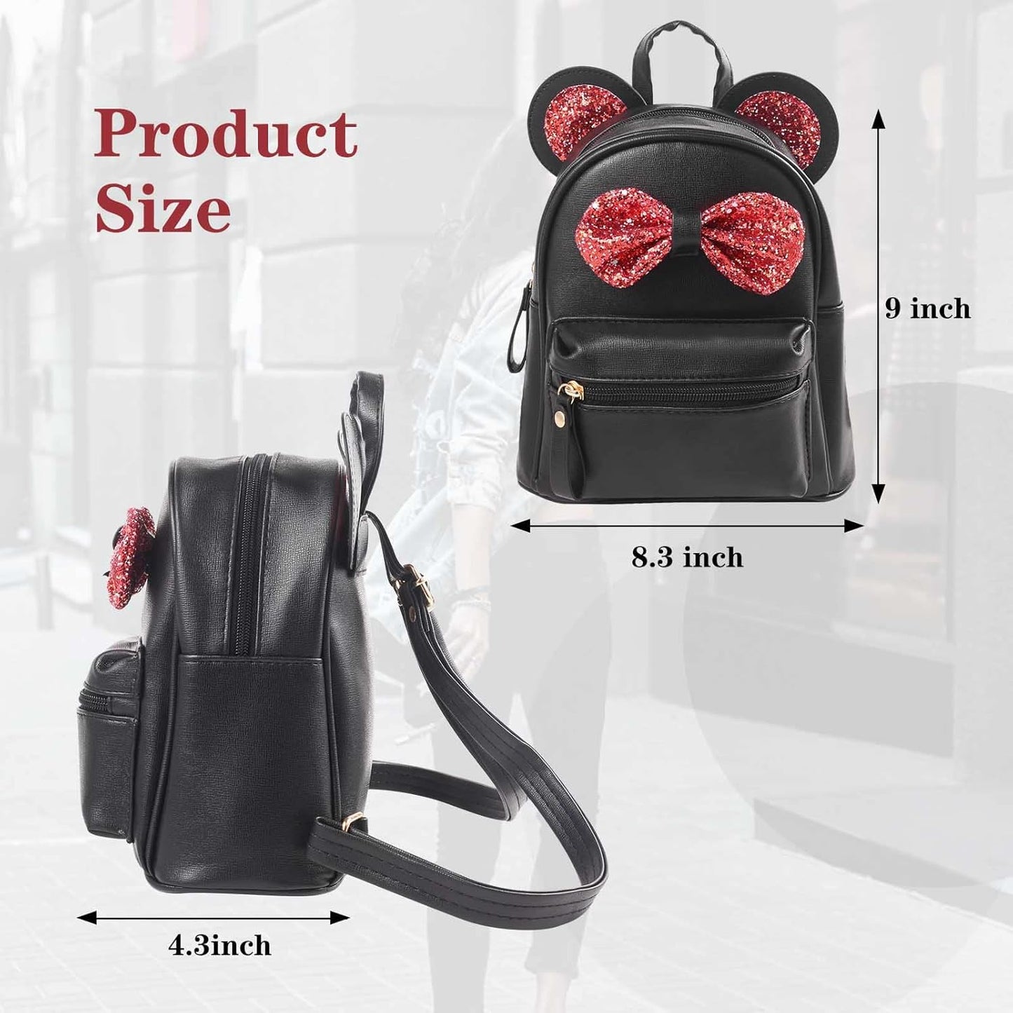 Black Mini Leather Backpack Sequin bow Mouse Ears