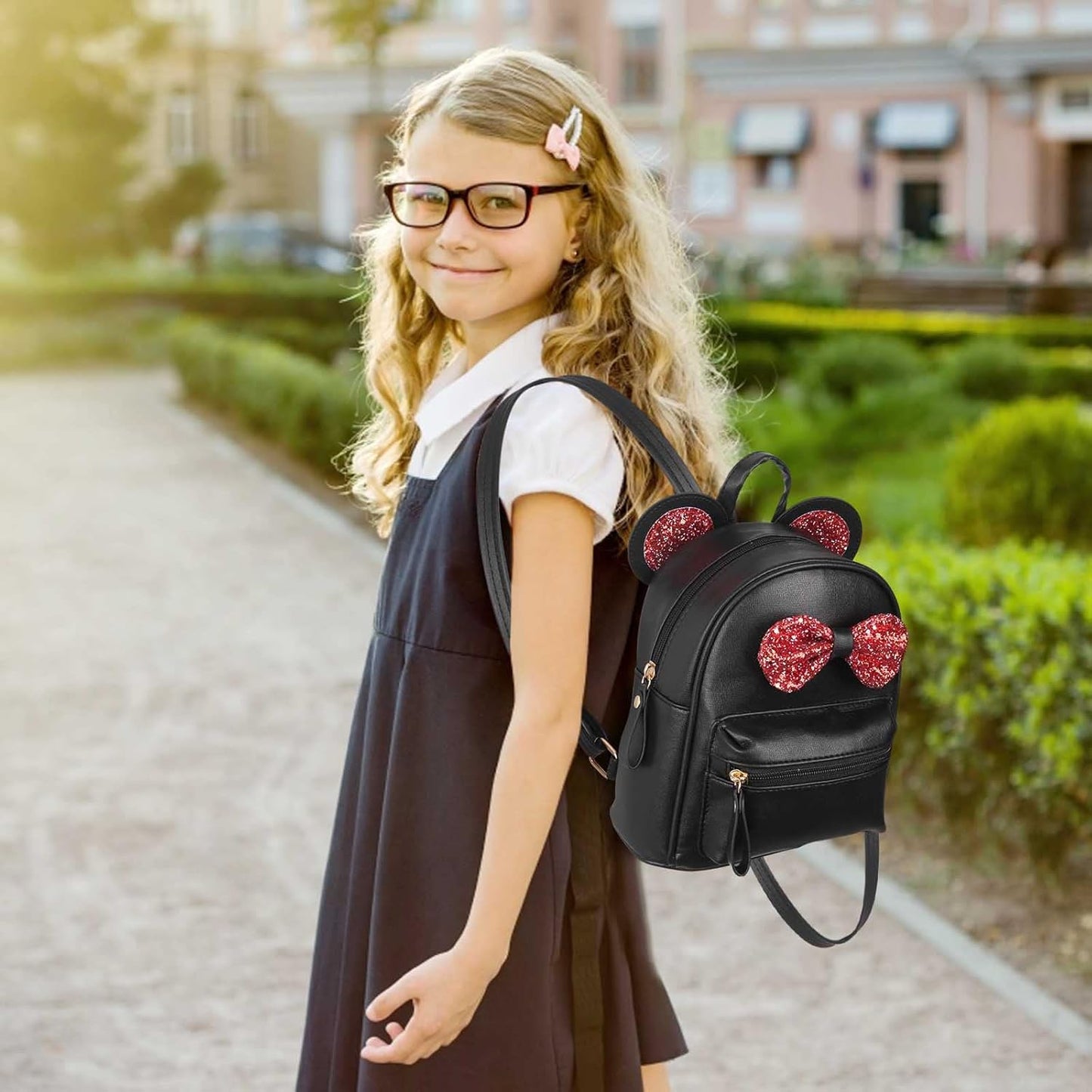 Black Mini Leather Backpack Sequin bow Mouse Ears