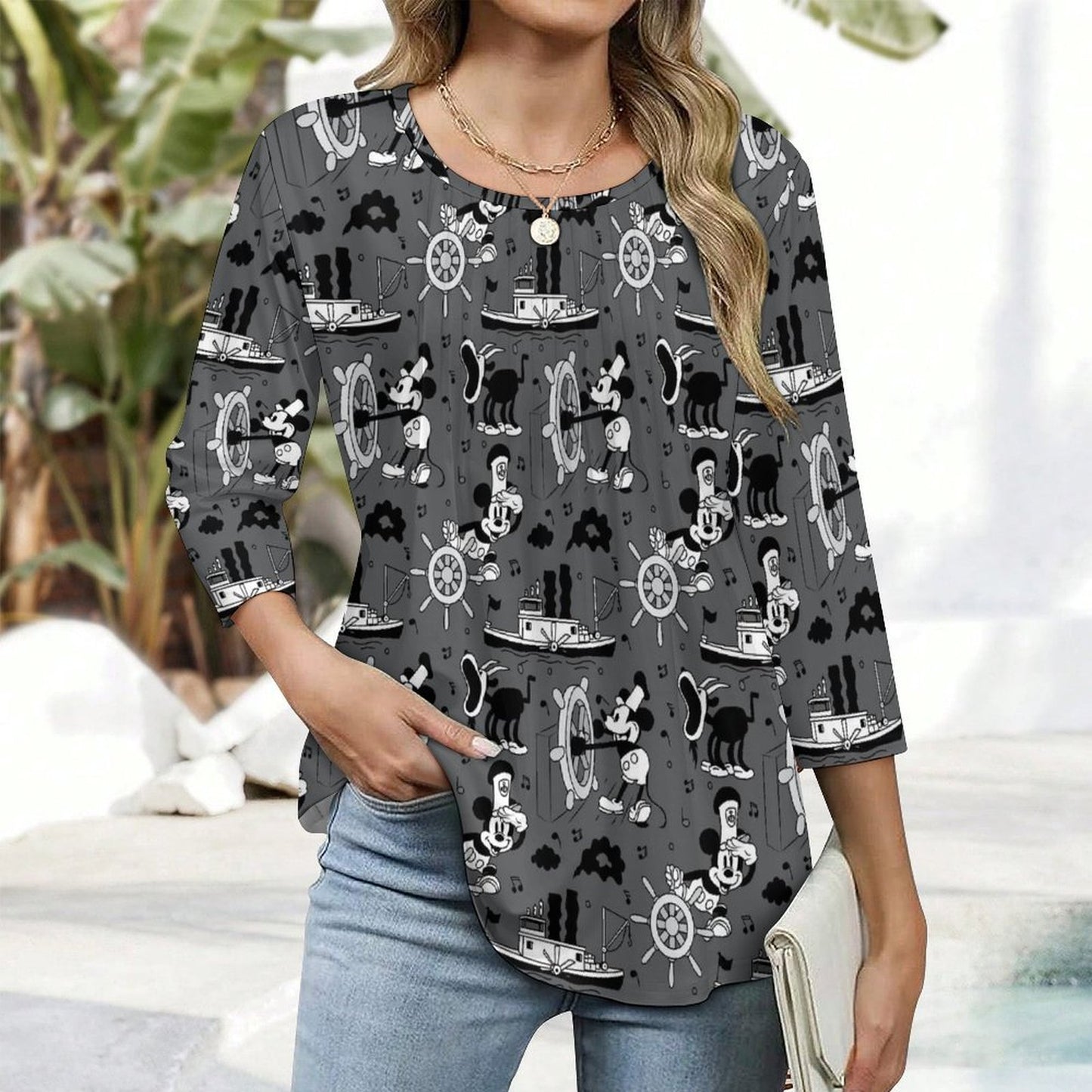 Steamboat Mickey Women's 3/4 Sleeve Pleated Tunic Top - Ambrie