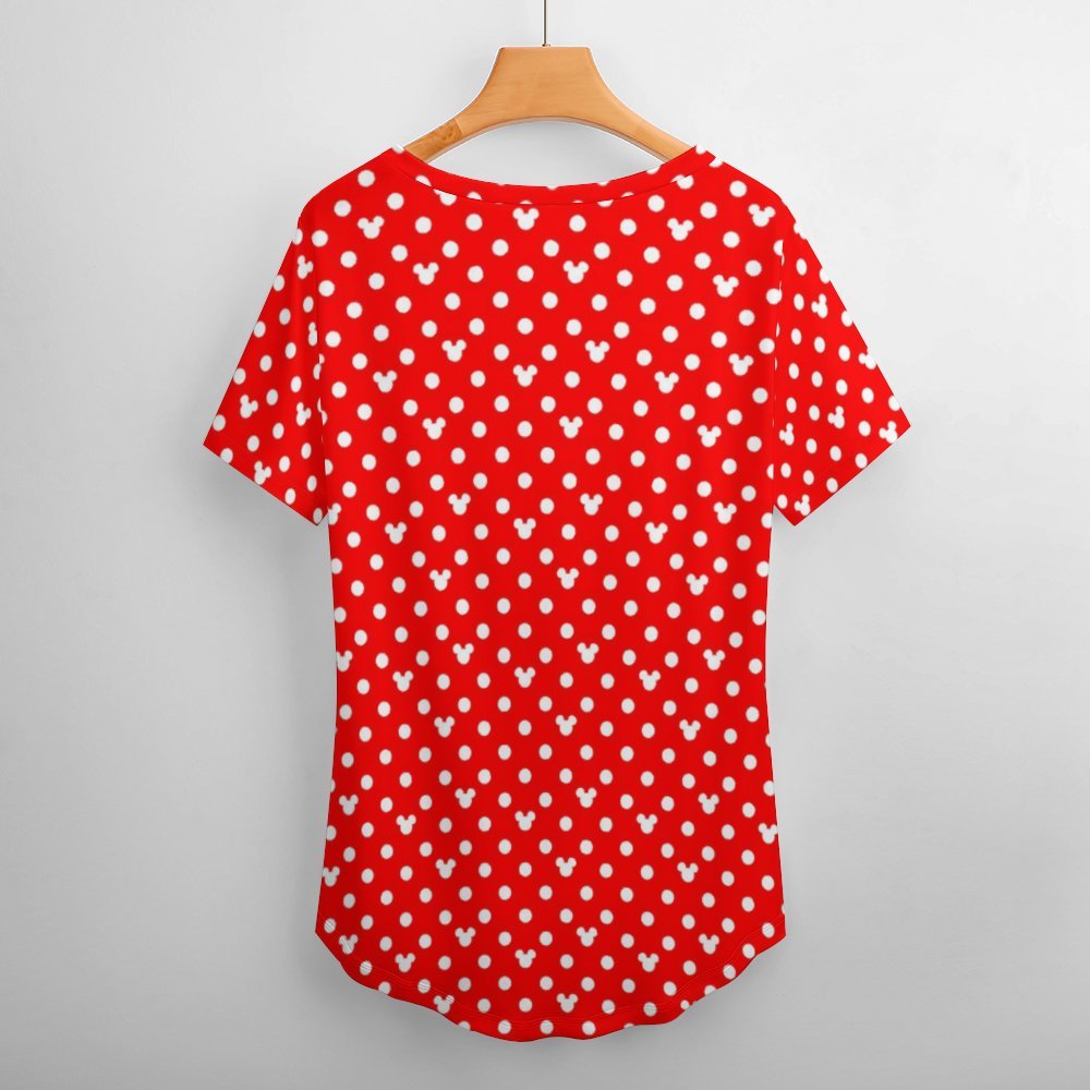 Red With White Mickey Polka Dots Women's V-Neck T-Shirt