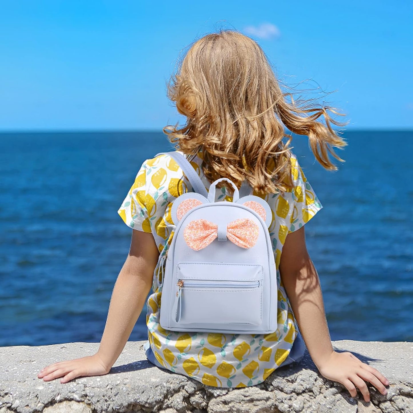 Blaue Mini Leather Backpack Sequin bow Mouse Ears