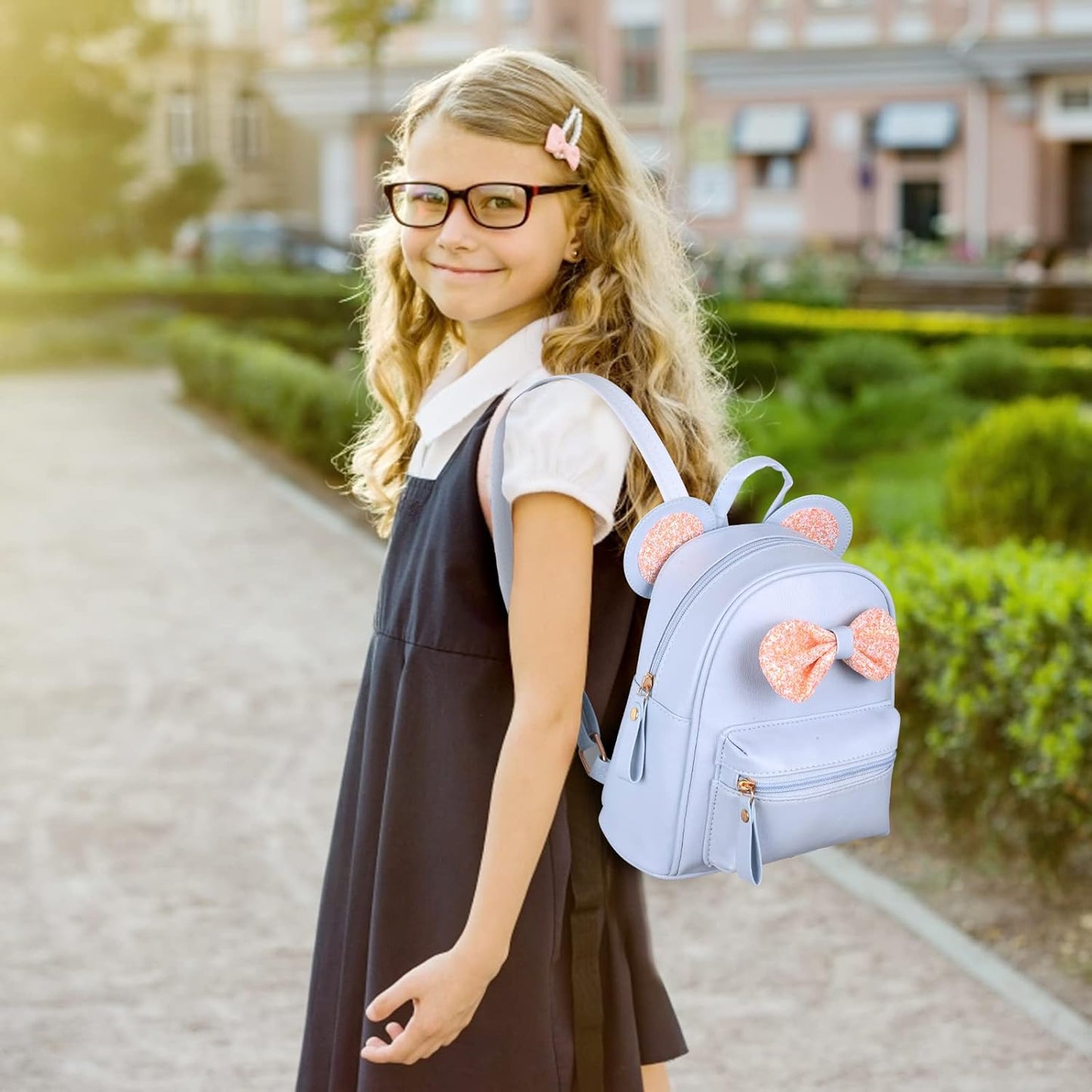 Blaue Mini Leather Backpack Sequin bow Mouse Ears