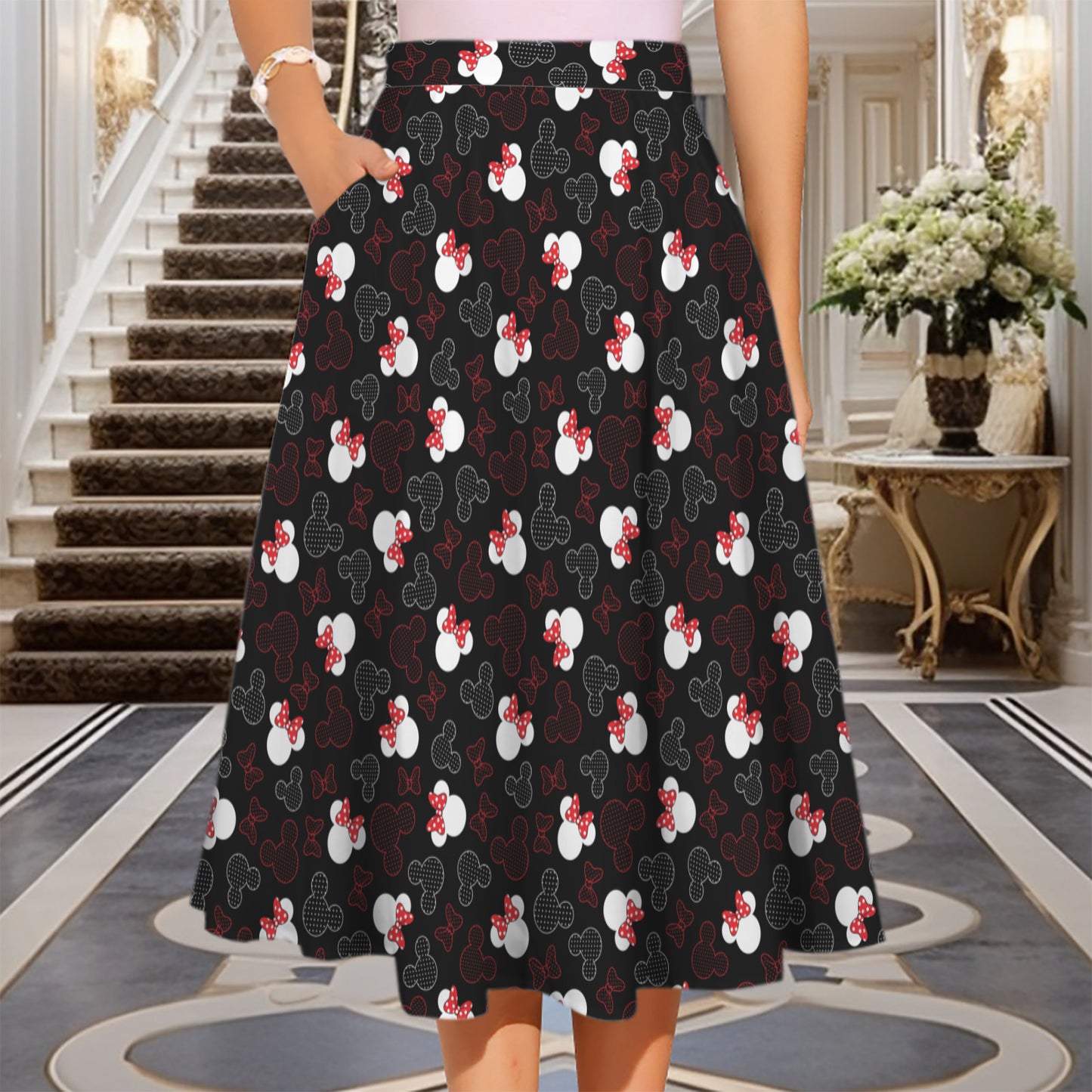 Mickey And Minnie Dots Elastic Waist Midi Skirt With Pockets