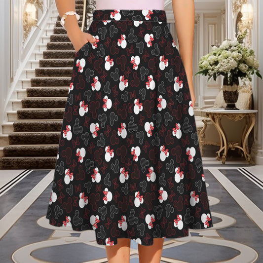 Mickey And Minnie Dots Elastic Waist Midi Skirt With Pockets