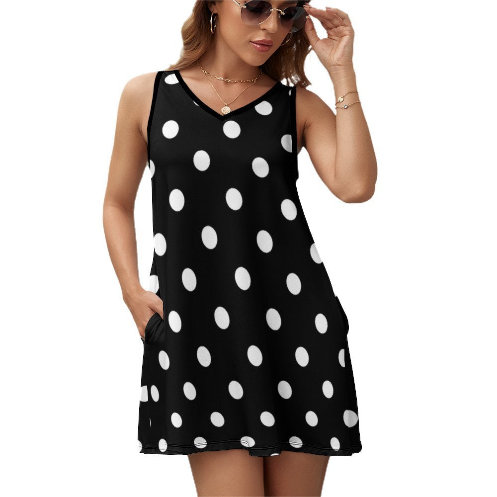 Black With White Polka Dots Sleeveless Sundress With Pockets