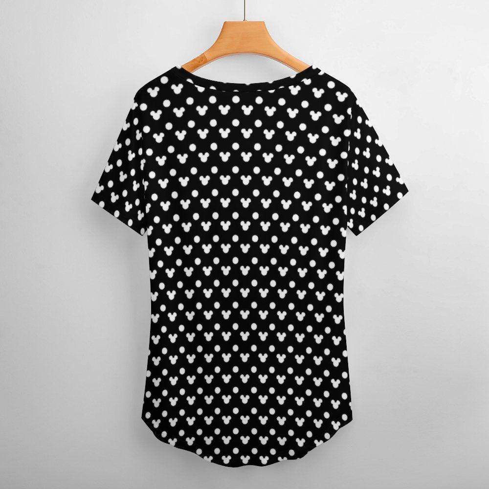 Black With White Mickey Polka Dots Women's V-Neck T-Shirt