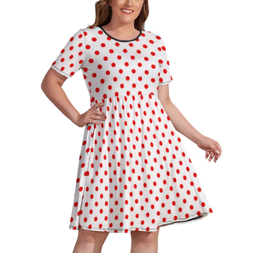 White With Red Polka Dots Women's Round Neck Plus Size Dress With Pockets