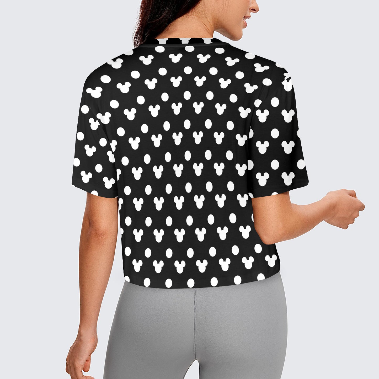 Black With White Mickey Polka Dots Women's Cropped T-shirt