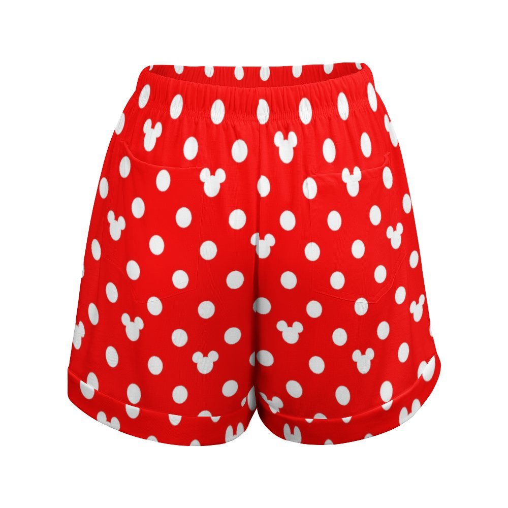 Red With White Mickey Polka Dots Women's High-Waisted Loose Shorts With Pockets