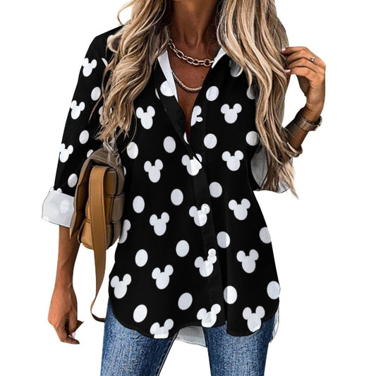 Black With White Mickey Polka Dots Long Sleeve Button Up Blouse