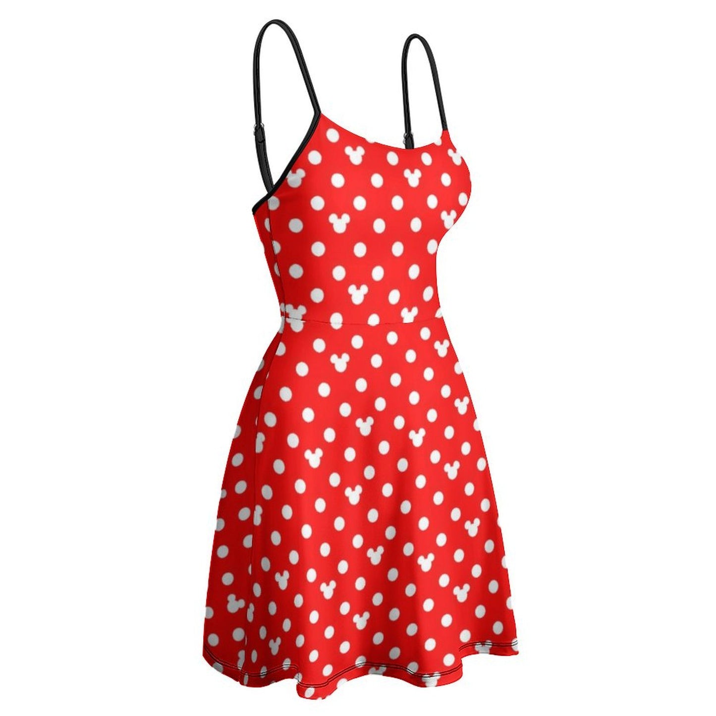 Red With White Mickey Polka Dots Women’s Sling Short Dress - Ambrie