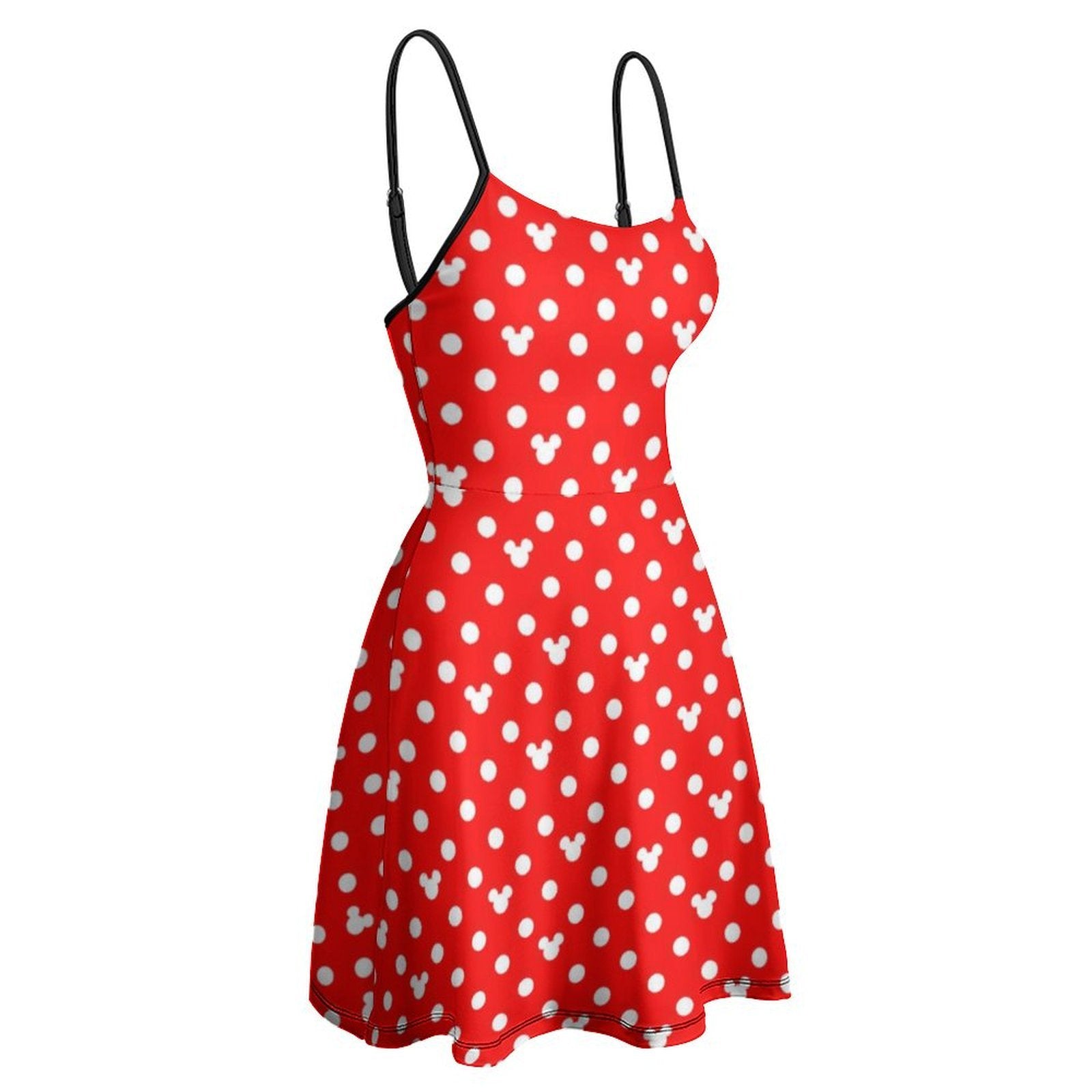 Red With White Mickey Polka Dots Women’s Sling Short Dress - Ambrie