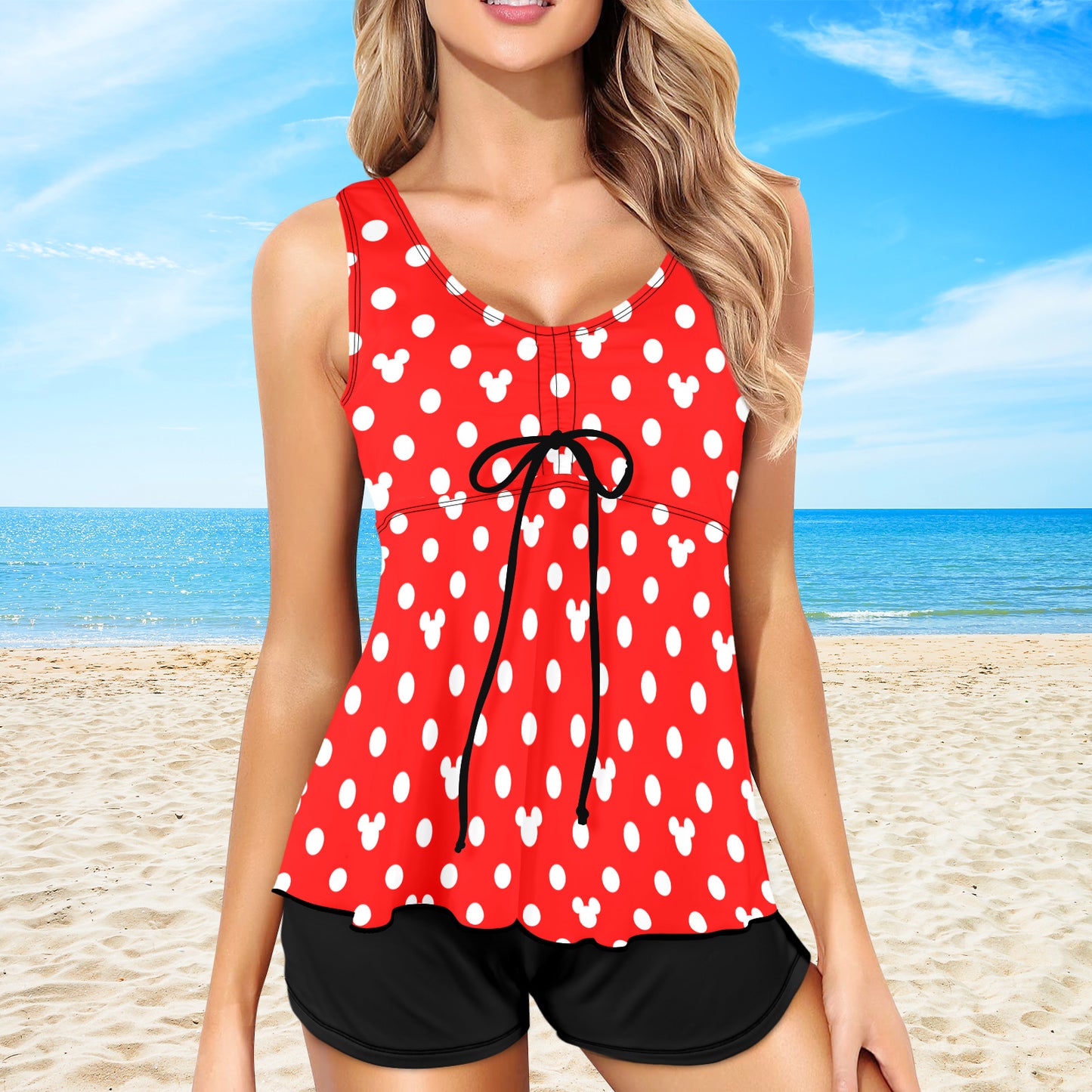 Red With White Mickey Polka Dots Two Piece Tankini Women's Swimsuit