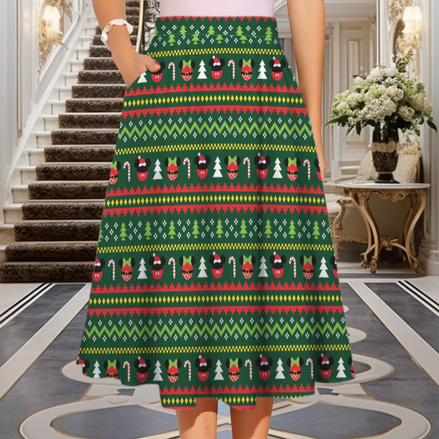 Christmas Sweater Elastic Waist Midi Skirt With Pockets