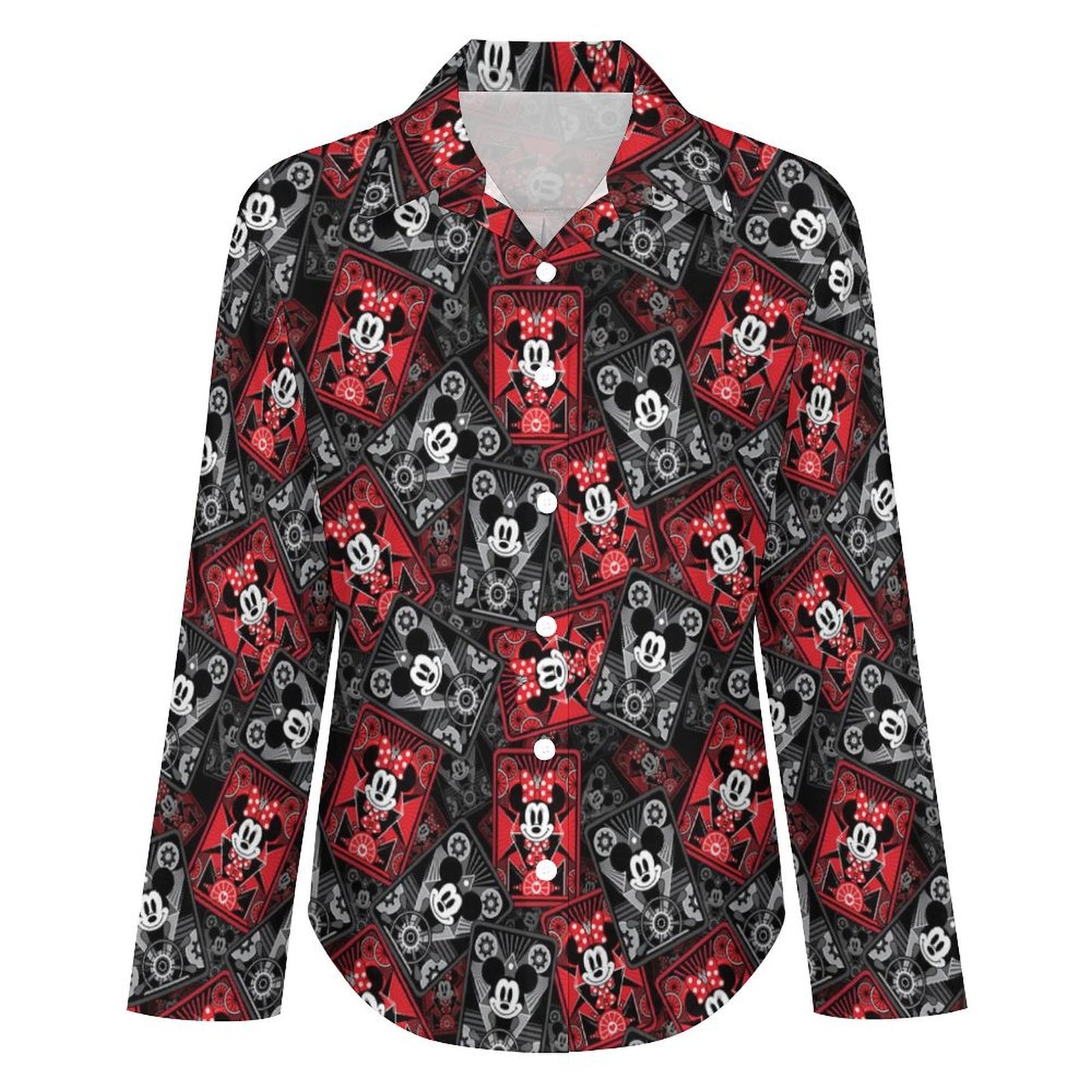 Steamboat Mickey And Minnie Cards Long Sleeve Button Up Blouse