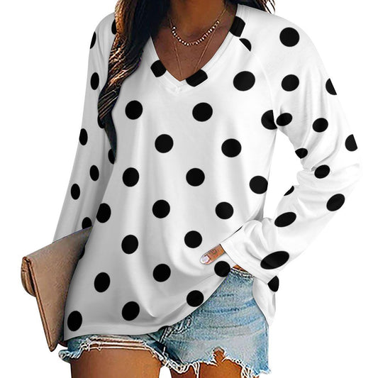 White With Black Polka Dots Long Sleeve Loose V-Neck Tee