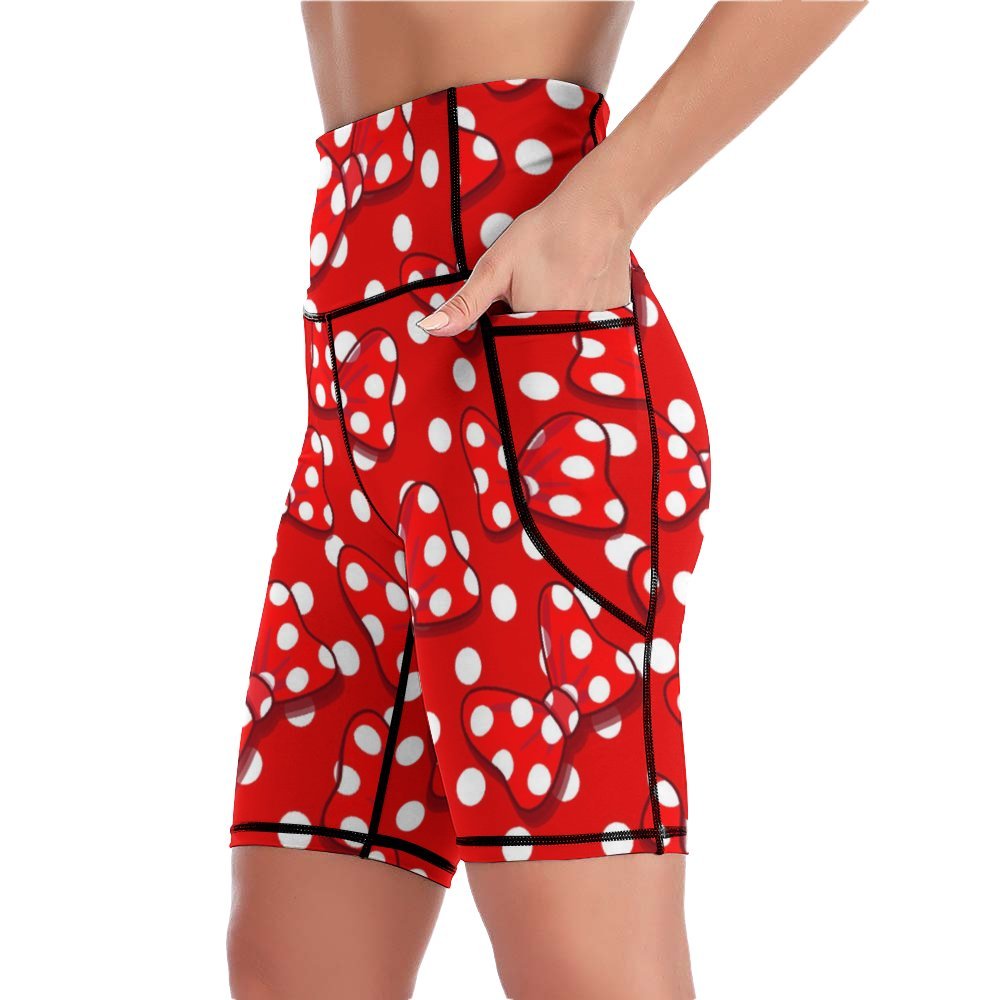 Red With White Polka Dot And Bows Women's Knee Length Athletic Yoga Shorts With Pockets