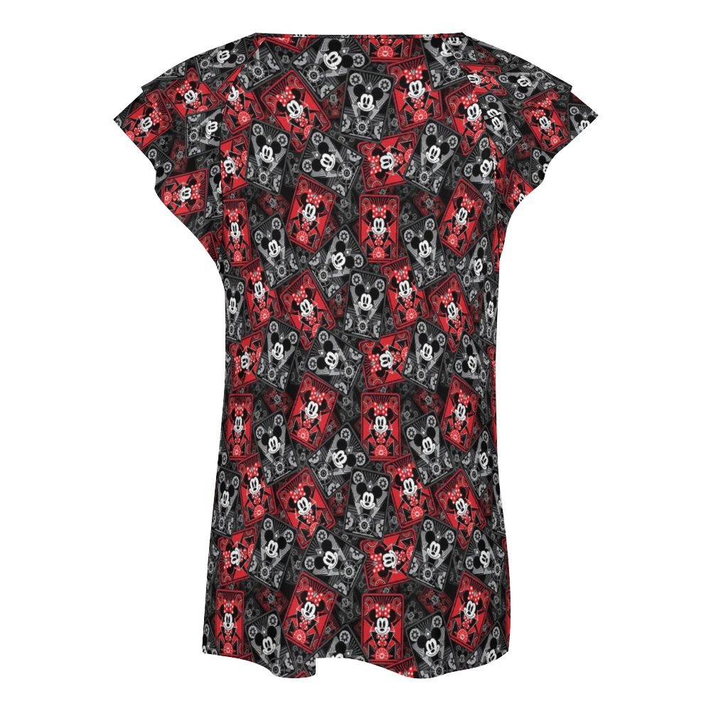 Steamboat Mickey And Minnie Cards Women's Ruffle Sleeve V-Neck T-Shirt