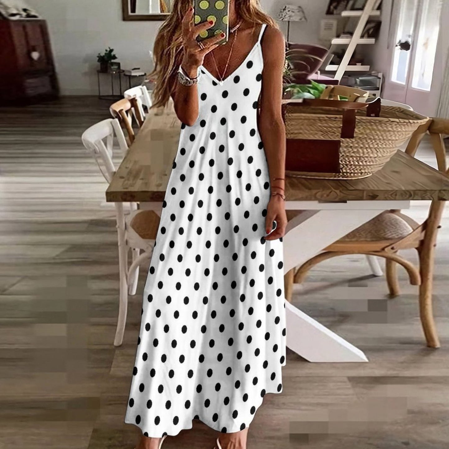 White With Black Polka Dots Women's Summer Slip Long Dress