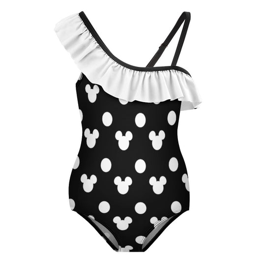 Black With White Mickey Polka Dots Girls Flounce One-Piece Swimsuit