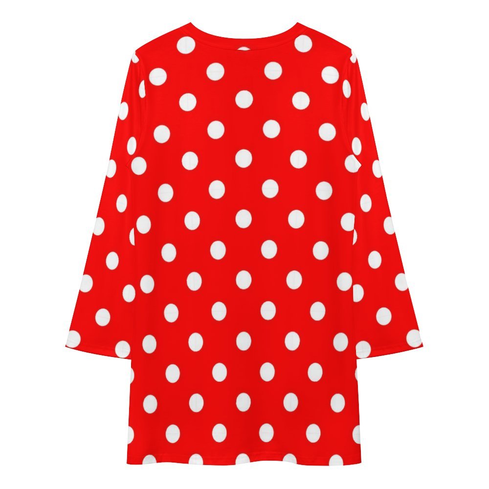 Red With White Polka Dots Long Sleeve Patchwork T-shirt Dress