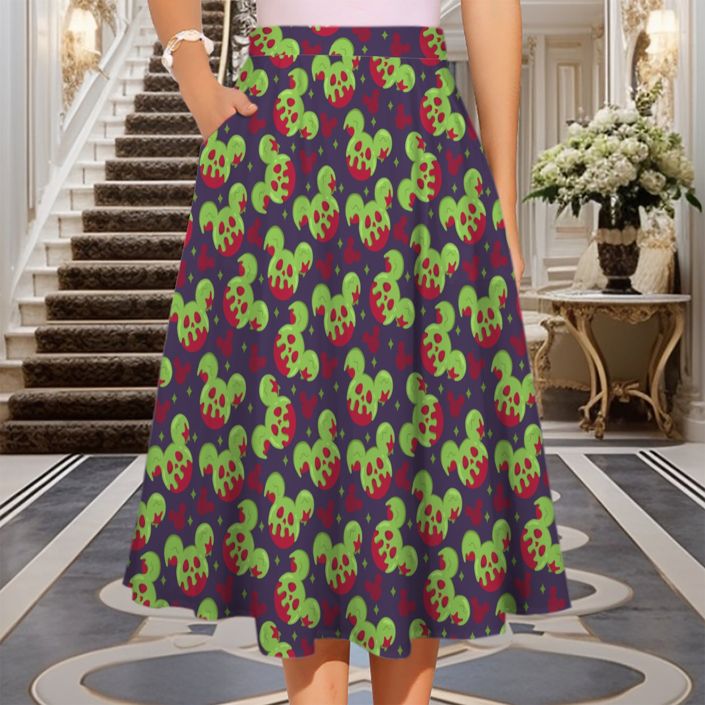 Poison Apple Elastic Waist Midi Skirt With Pockets